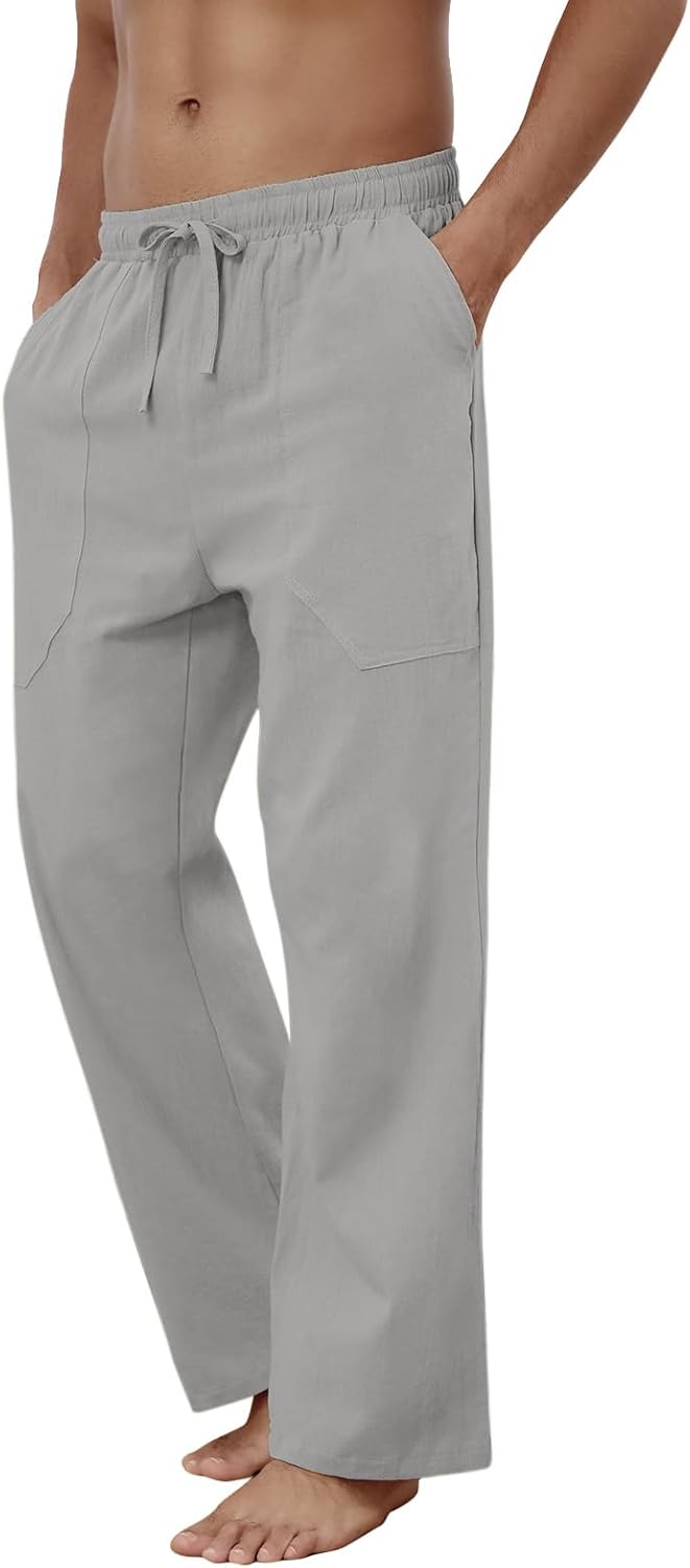 Baumwolle Leinen Hose Herren Freizeit Locker Elastisch Kordelzug Taille Sommer Strand Hose - Bild 43 von 64