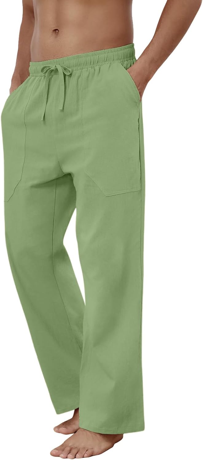 Baumwolle Leinen Hose Herren Freizeit Locker Elastisch Kordelzug Taille Sommer Strand Hose - Bild 48 von 64