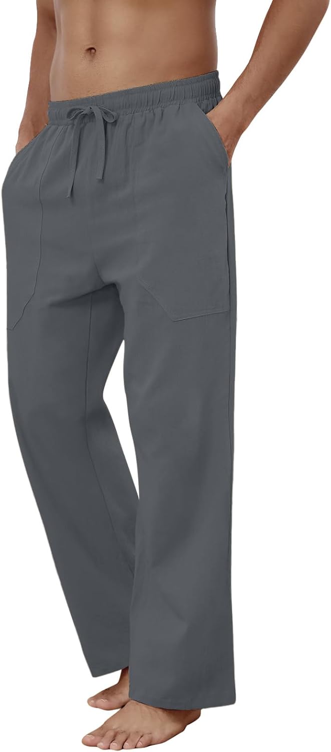 Baumwolle Leinen Hose Herren Freizeit Locker Elastisch Kordelzug Taille Sommer Strand Hose - Bild 53 von 64
