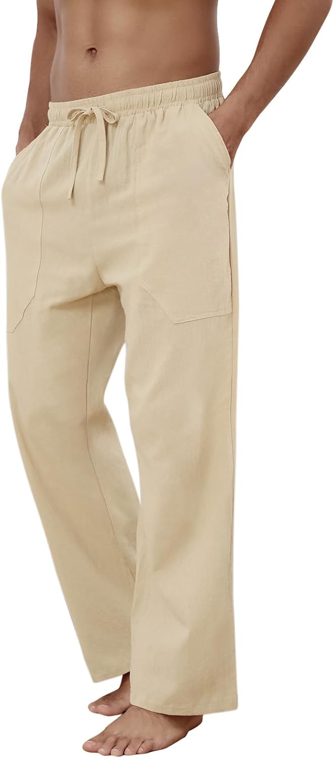 Baumwolle Leinen Hose Herren Freizeit Locker Elastisch Kordelzug Taille Sommer Strand Hose - Bild 58 von 64