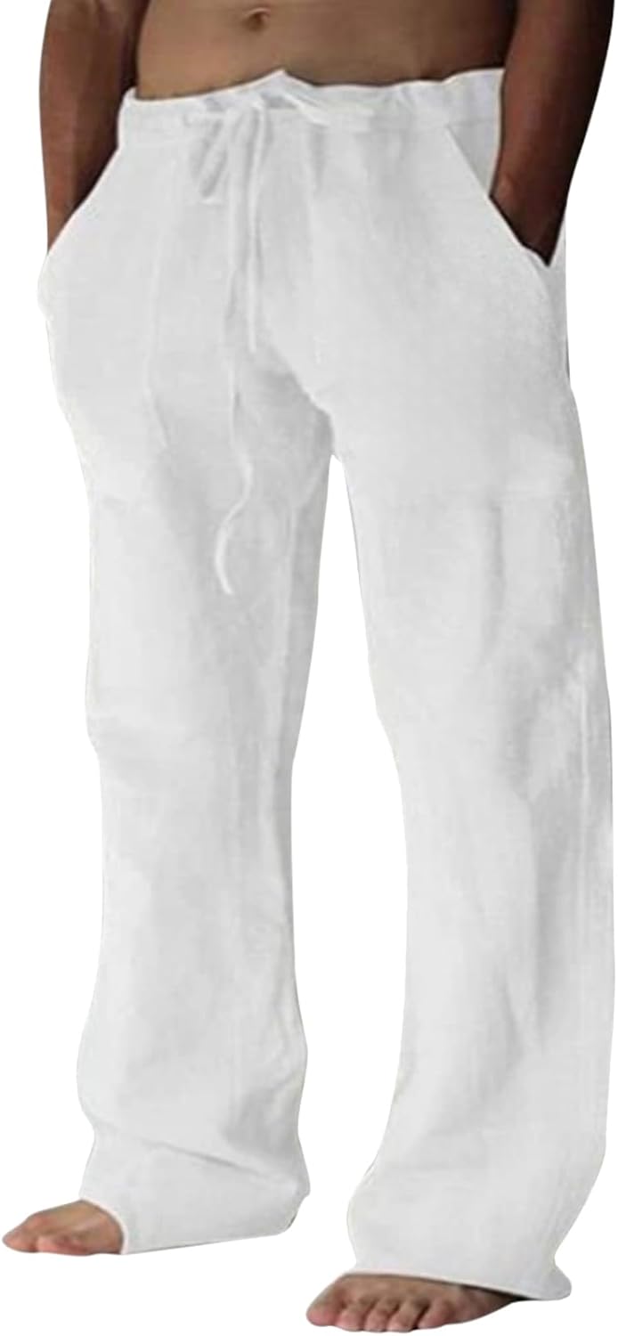 Baumwolle Leinen Hose Herren Freizeit Locker Elastisch Kordelzug Taille Sommer Strand Hose - Bild 25 von 64