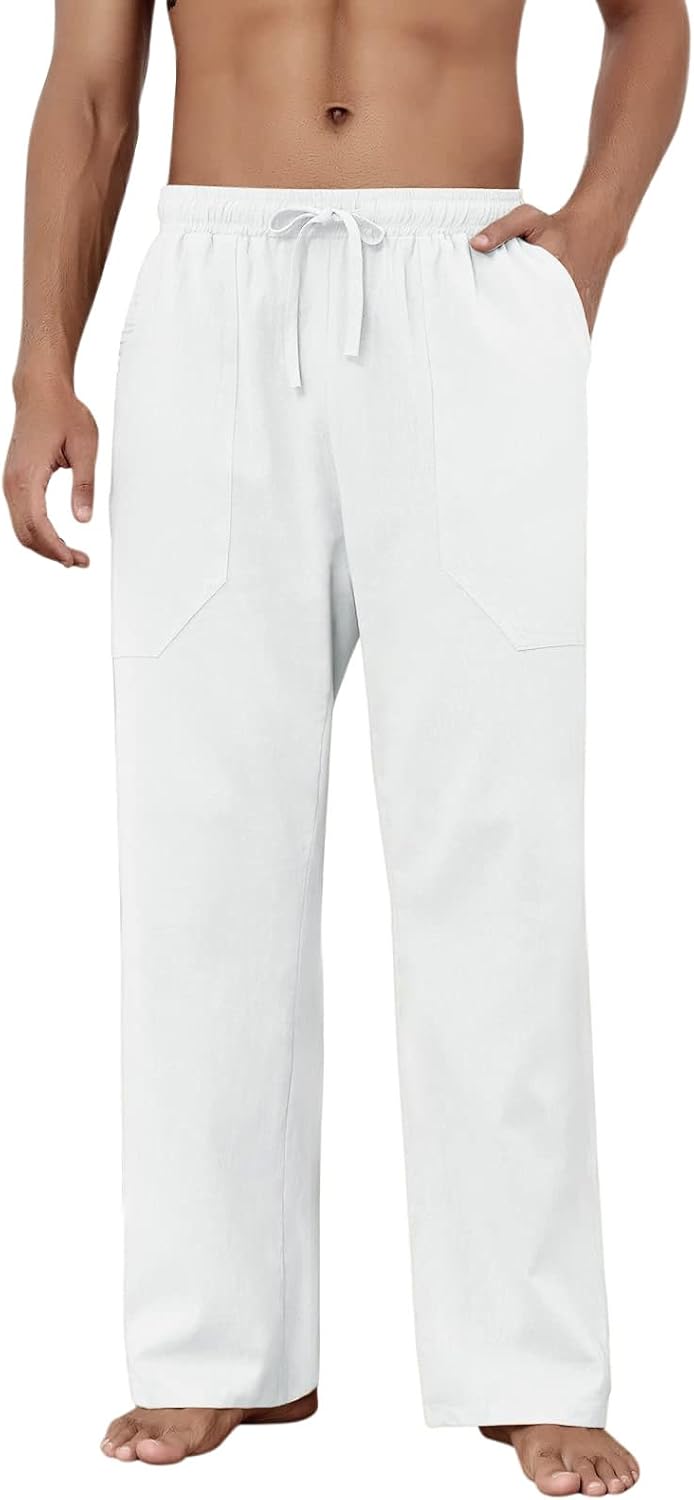 Baumwolle Leinen Hose Herren Freizeit Locker Elastisch Kordelzug Taille Sommer Strand Hose - Bild 26 von 64