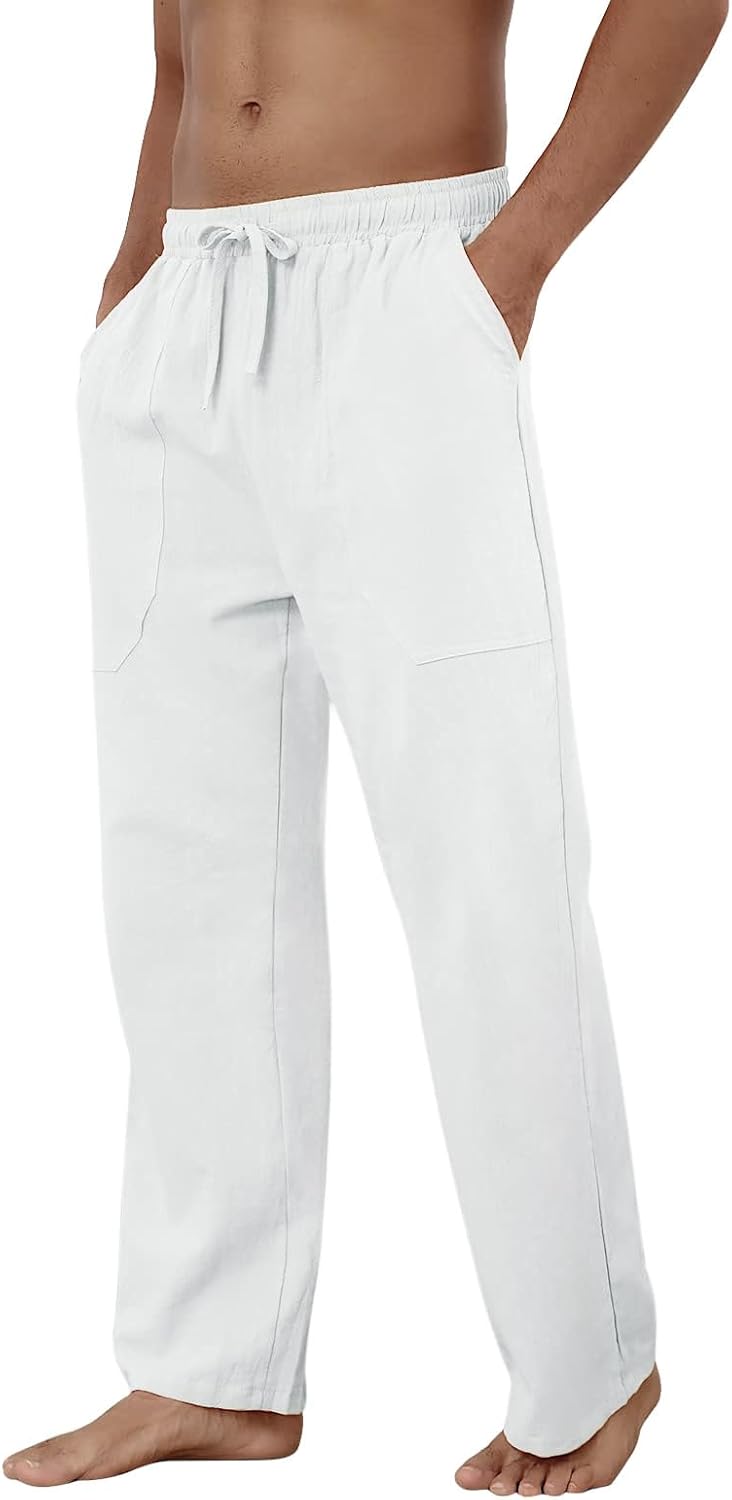 Baumwolle Leinen Hose Herren Freizeit Locker Elastisch Kordelzug Taille Sommer Strand Hose - Bild 27 von 64