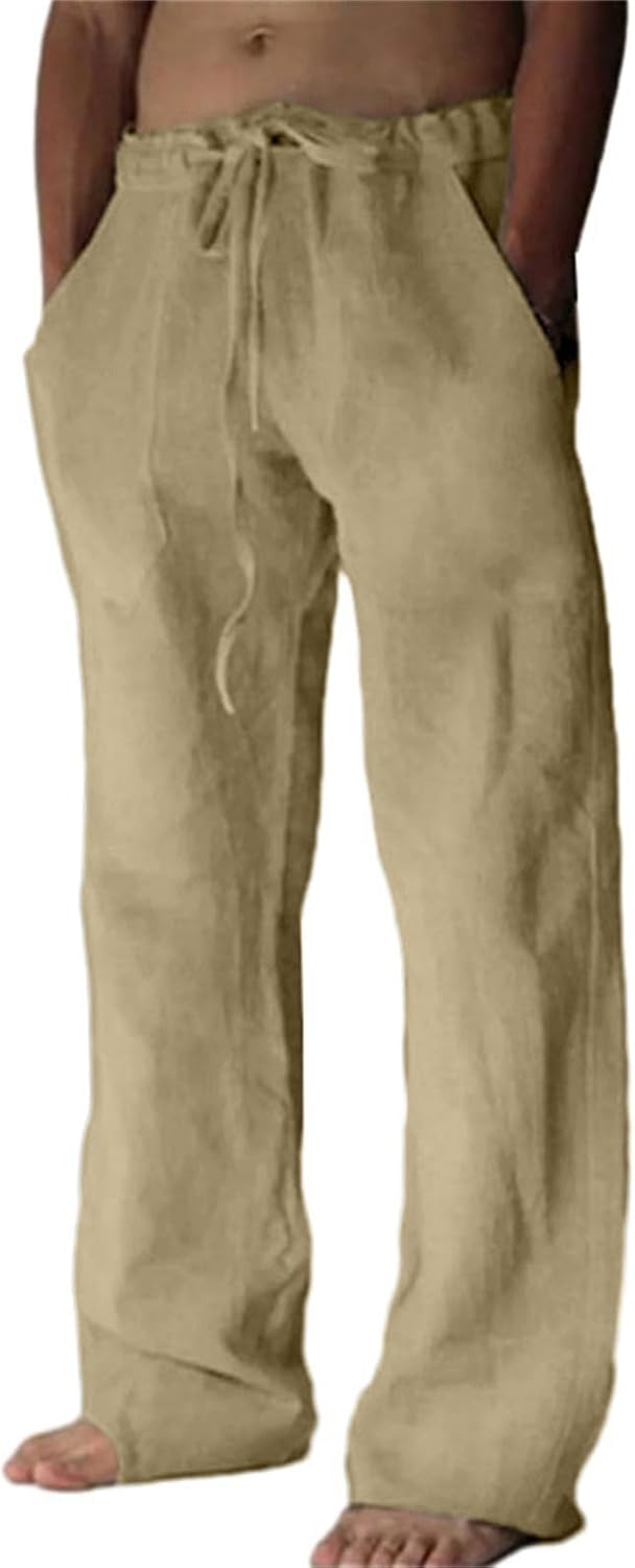Baumwolle Leinen Hose Herren Freizeit Locker Elastisch Kordelzug Taille Sommer Strand Hose - Bild 30 von 64