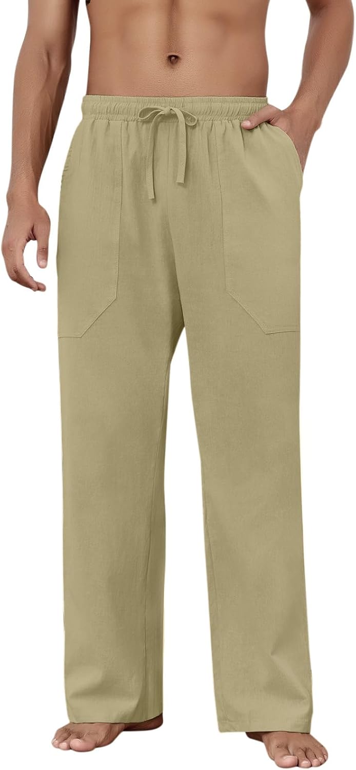Baumwolle Leinen Hose Herren Freizeit Locker Elastisch Kordelzug Taille Sommer Strand Hose - Bild 31 von 64
