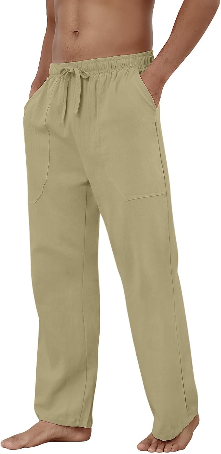 Baumwolle Leinen Hose Herren Freizeit Locker Elastisch Kordelzug Taille Sommer Strand Hose - Bild 32 von 64
