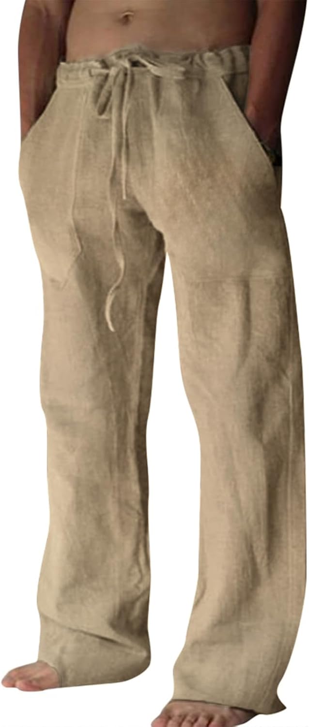 Baumwolle Leinen Hose Herren Freizeit Locker Elastisch Kordelzug Taille Sommer Strand Hose - Bild 35 von 64