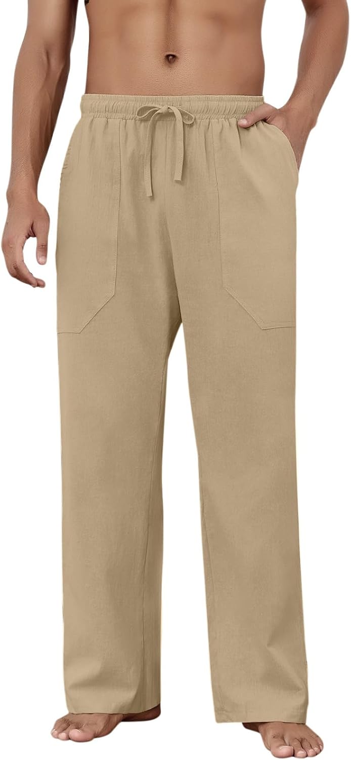 Baumwolle Leinen Hose Herren Freizeit Locker Elastisch Kordelzug Taille Sommer Strand Hose - Bild 36 von 64