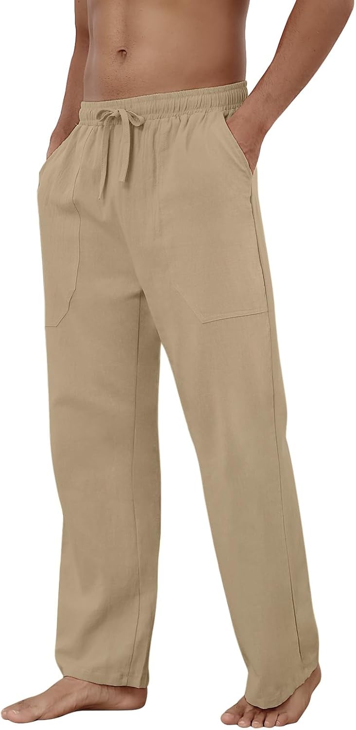 Baumwolle Leinen Hose Herren Freizeit Locker Elastisch Kordelzug Taille Sommer Strand Hose - Bild 37 von 64