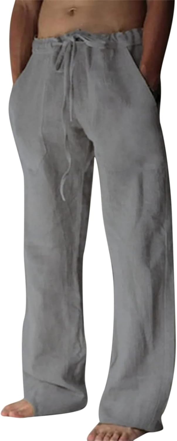 Baumwolle Leinen Hose Herren Freizeit Locker Elastisch Kordelzug Taille Sommer Strand Hose - Bild 40 von 64