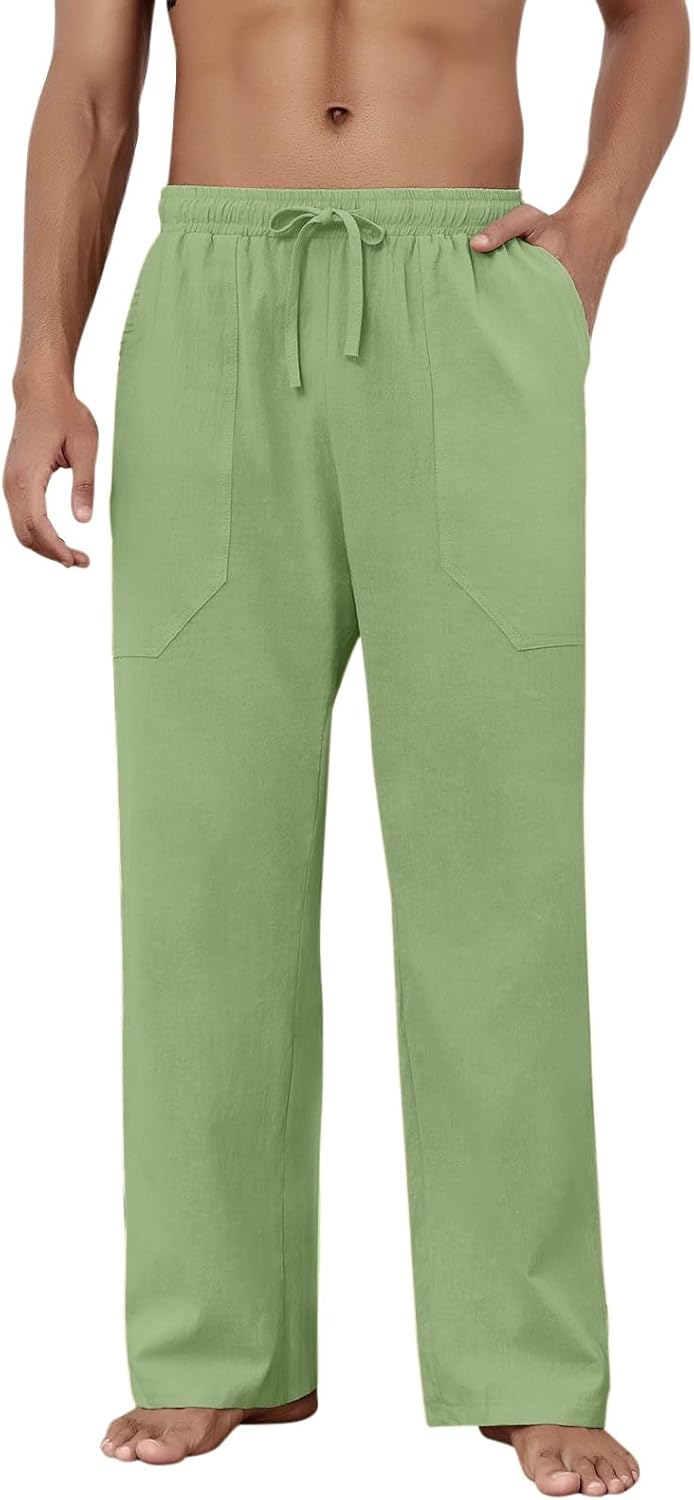 Baumwolle Leinen Hose Herren Freizeit Locker Elastisch Kordelzug Taille Sommer Strand Hose - Bild 46 von 64