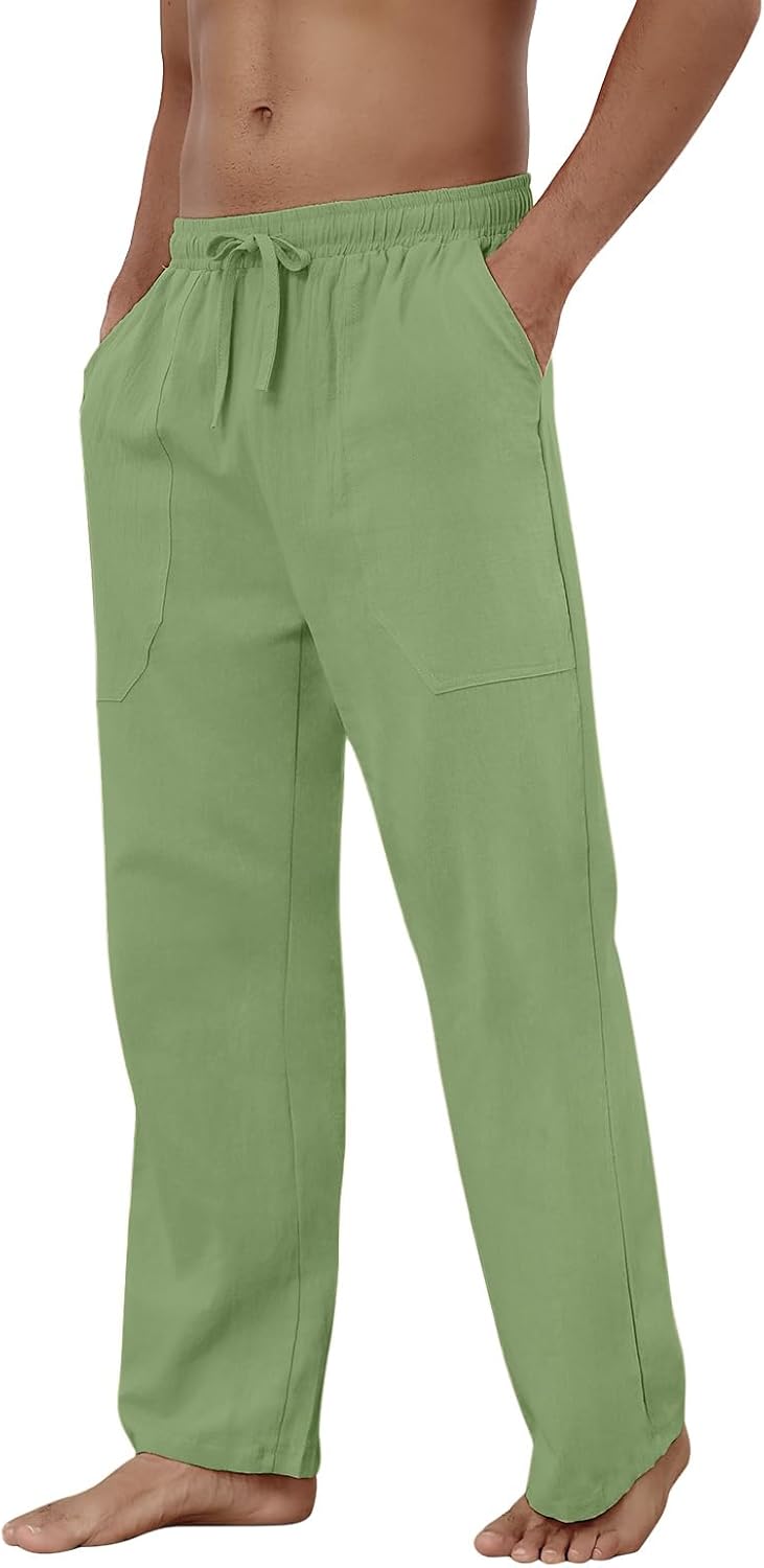 Baumwolle Leinen Hose Herren Freizeit Locker Elastisch Kordelzug Taille Sommer Strand Hose - Bild 47 von 64