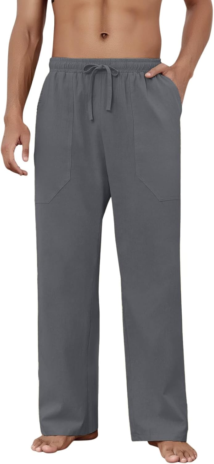 Baumwolle Leinen Hose Herren Freizeit Locker Elastisch Kordelzug Taille Sommer Strand Hose - Bild 51 von 64