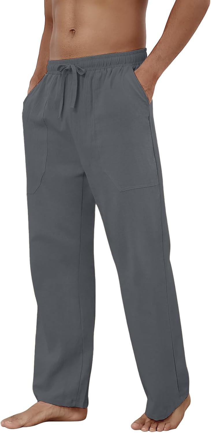 Baumwolle Leinen Hose Herren Freizeit Locker Elastisch Kordelzug Taille Sommer Strand Hose - Bild 52 von 64