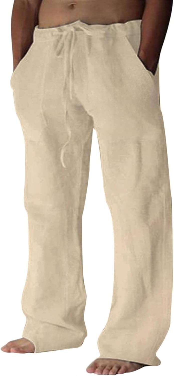 Baumwolle Leinen Hose Herren Freizeit Locker Elastisch Kordelzug Taille Sommer Strand Hose - Bild 55 von 64