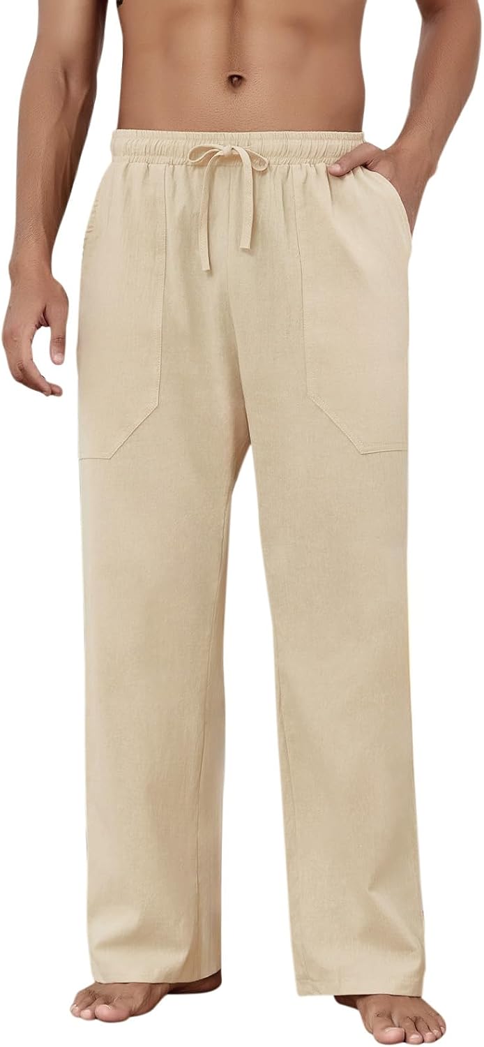 Baumwolle Leinen Hose Herren Freizeit Locker Elastisch Kordelzug Taille Sommer Strand Hose - Bild 56 von 64
