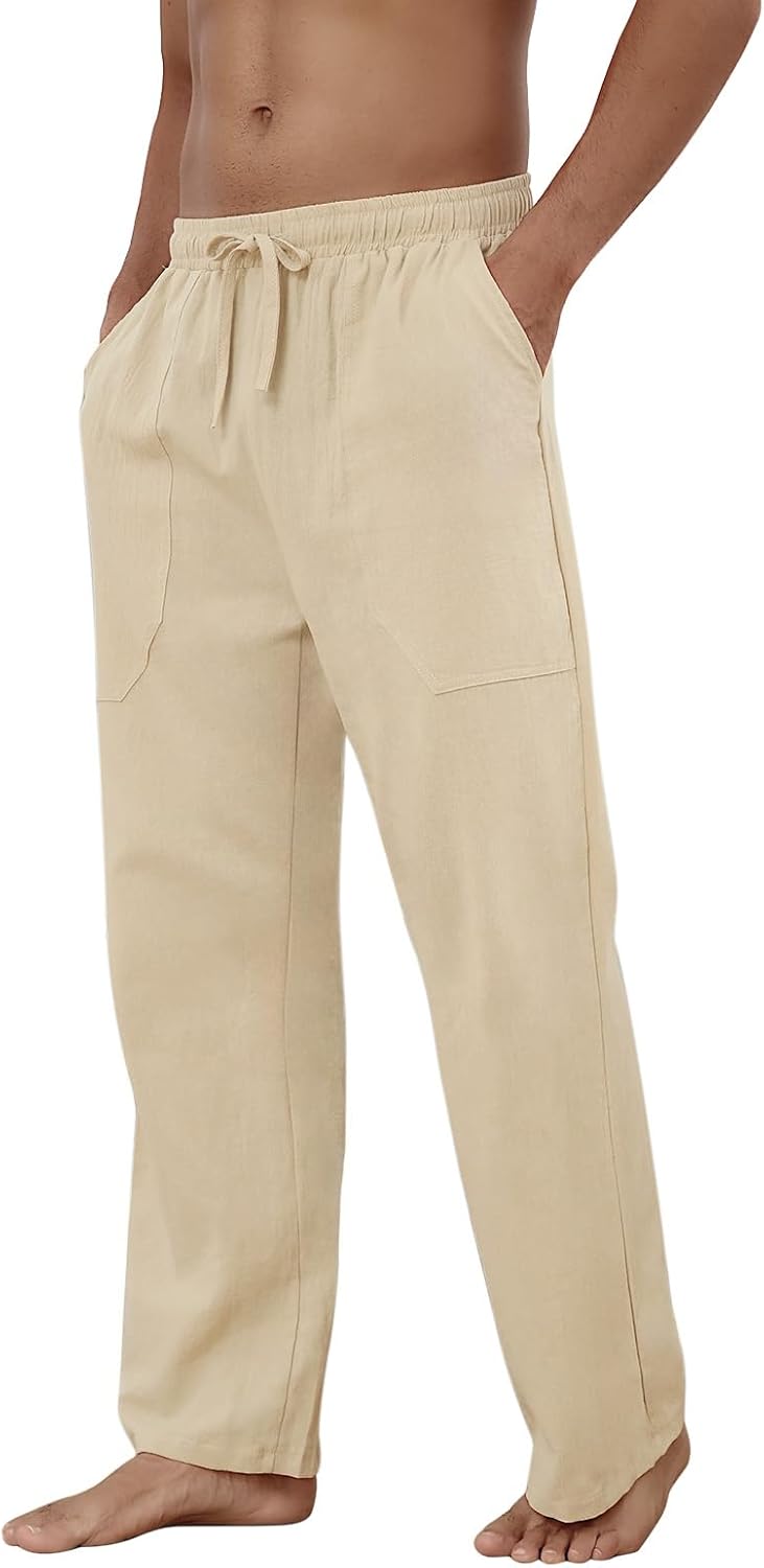 Baumwolle Leinen Hose Herren Freizeit Locker Elastisch Kordelzug Taille Sommer Strand Hose - Bild 57 von 64