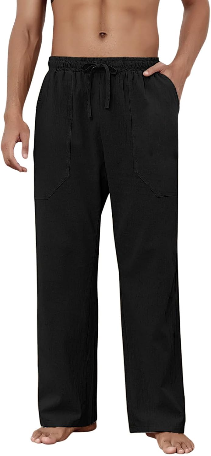Baumwolle Leinen Hose Herren Freizeit Locker Elastisch Kordelzug Taille Sommer Strand Hose - Bild 61 von 64