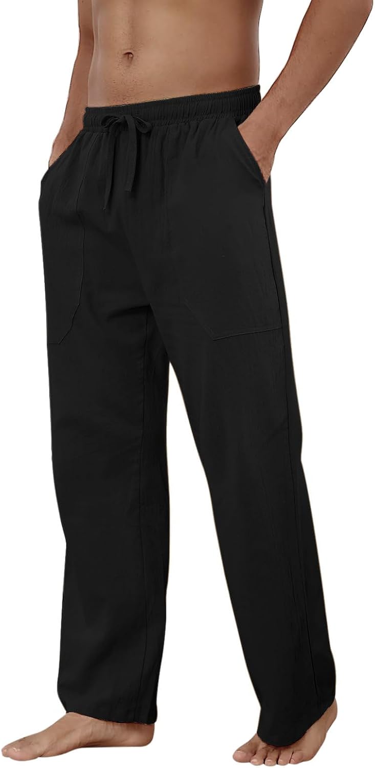 Baumwolle Leinen Hose Herren Freizeit Locker Elastisch Kordelzug Taille Sommer Strand Hose - Bild 62 von 64