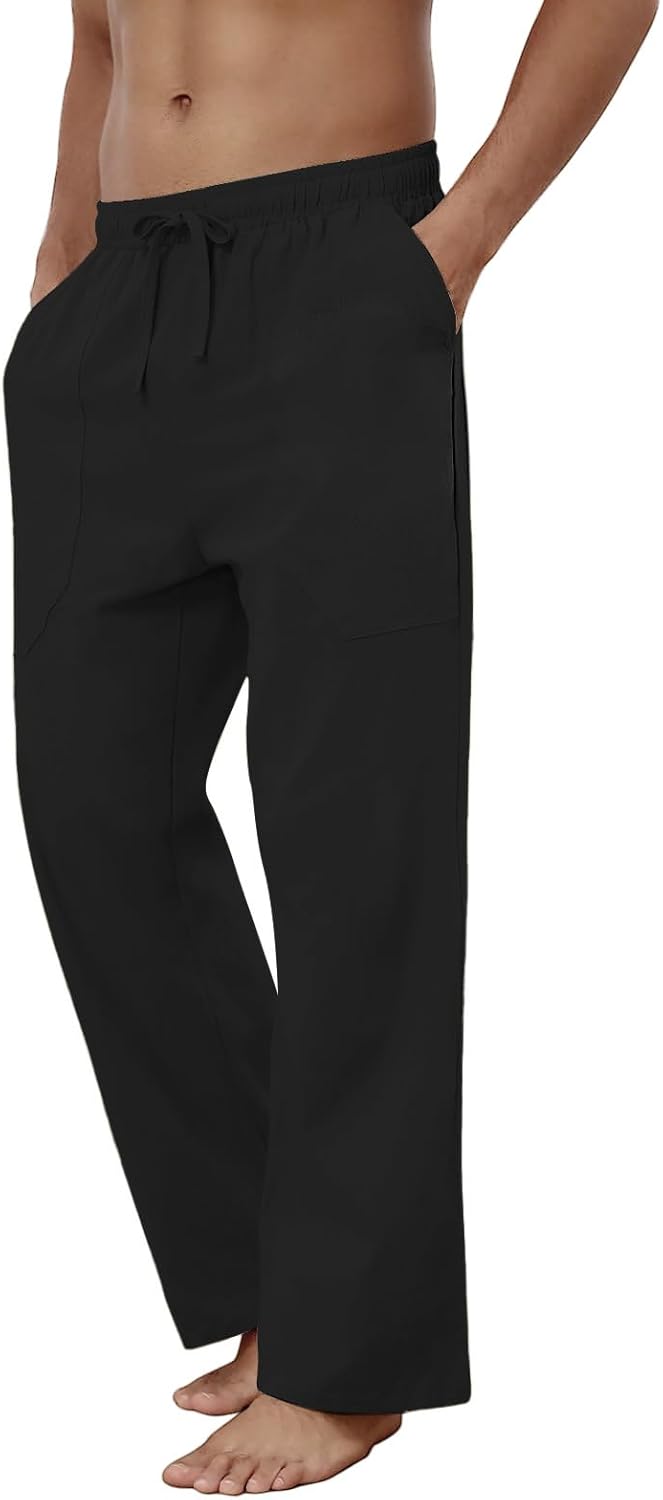 Baumwolle Leinen Hose Herren Freizeit Locker Elastisch Kordelzug Taille Sommer Strand Hose - Bild 63 von 64
