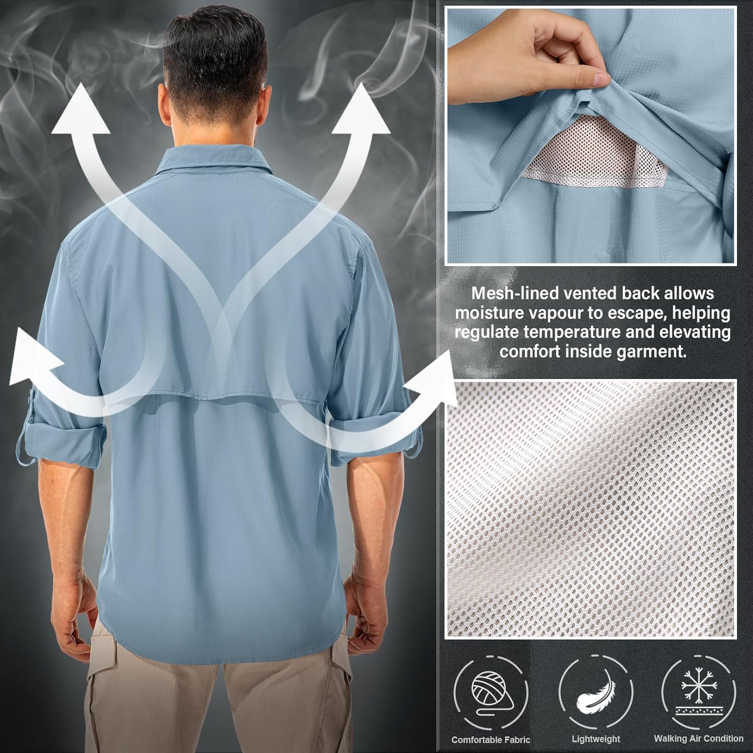Men's UPF 50 Sun Protection Long Sleeve Fishing & Safari Shirts, Quick Dry - Picture 26 of 52