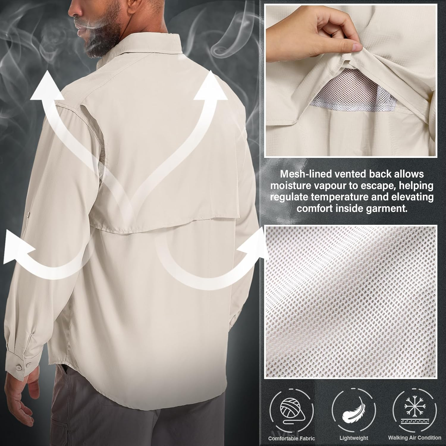 Men's UPF 50 Sun Protection Long Sleeve Fishing & Safari Shirts, Quick Dry - Picture 32 of 52