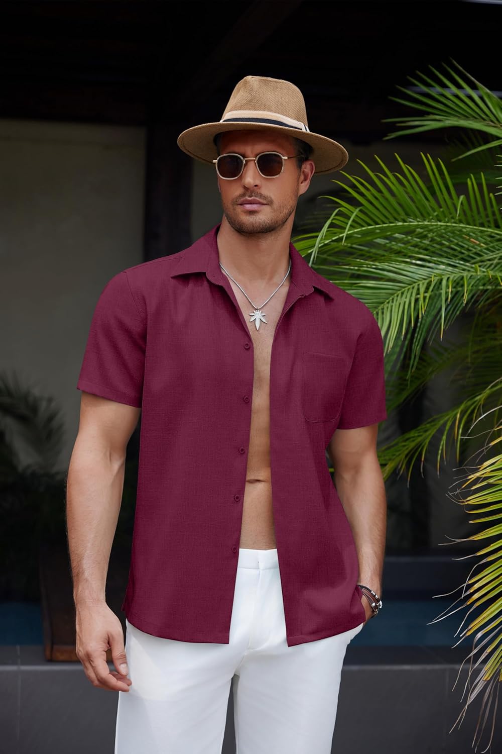 Men's Casual Linen Beach Shirt Button Down Summer Shirt Hawaiian Shirts - Afbeelding 29 van 65