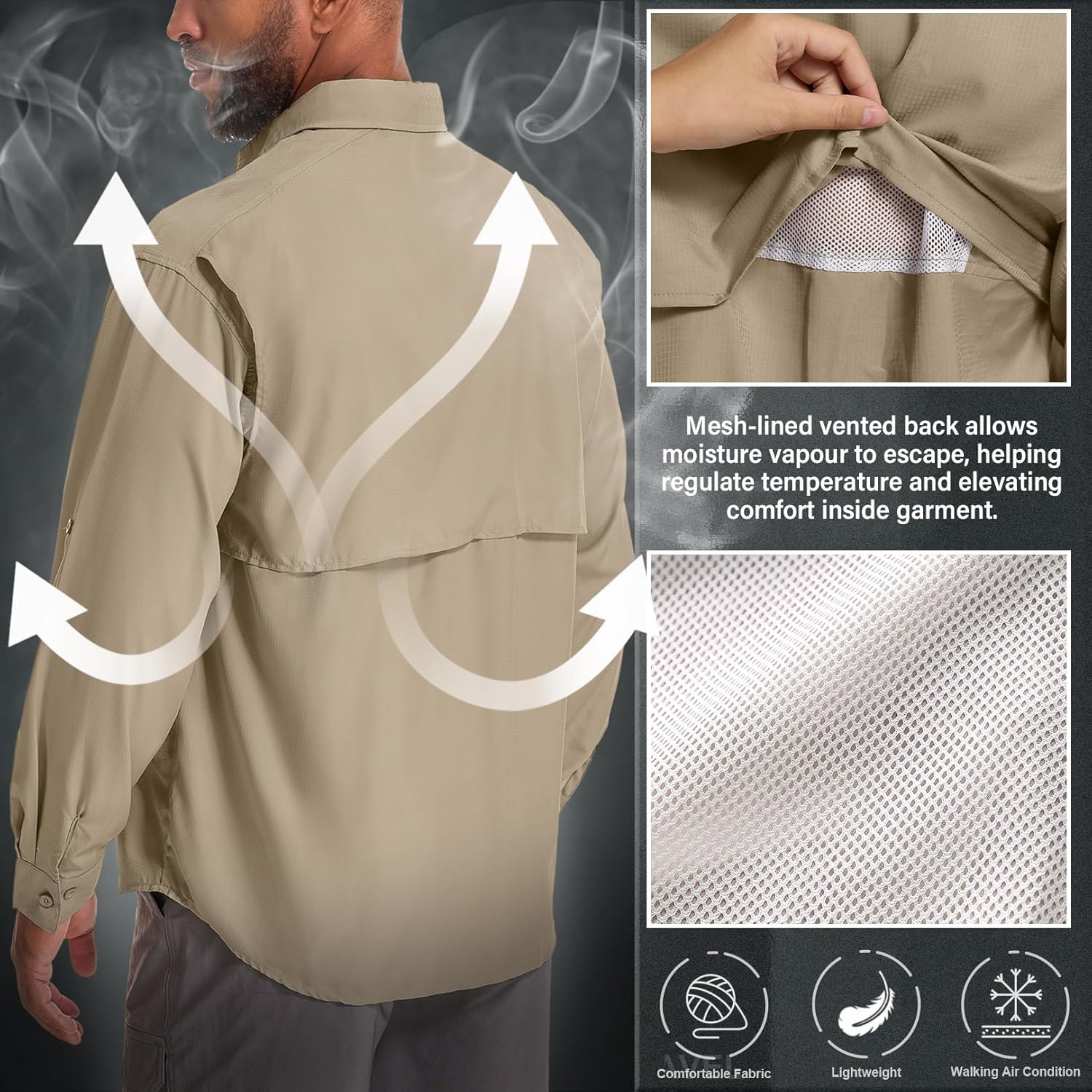 Men's UPF 50 Sun Protection Long Sleeve Fishing & Safari Shirts, Quick Dry - Picture 38 of 52