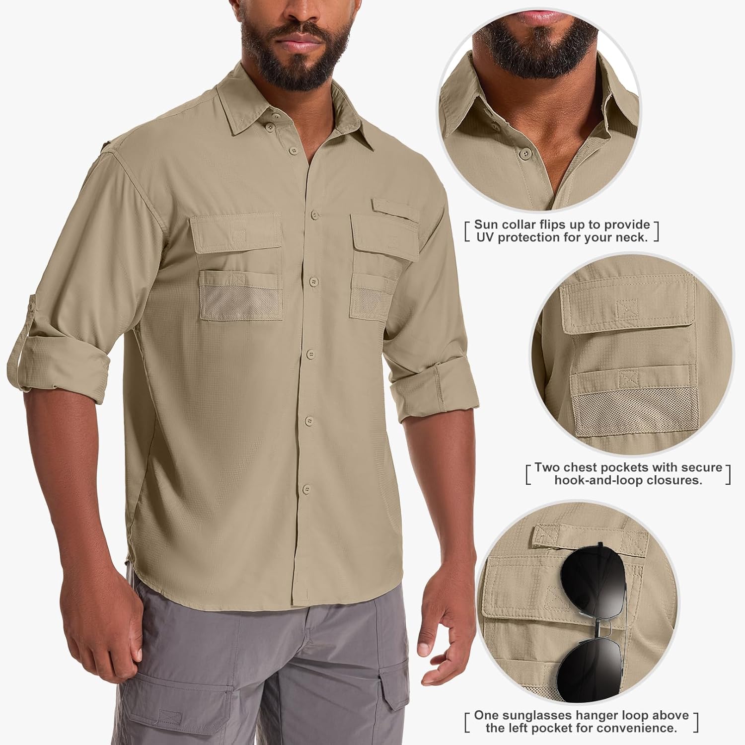 Men's UPF 50 Sun Protection Long Sleeve Fishing & Safari Shirts, Quick Dry - Picture 39 of 52
