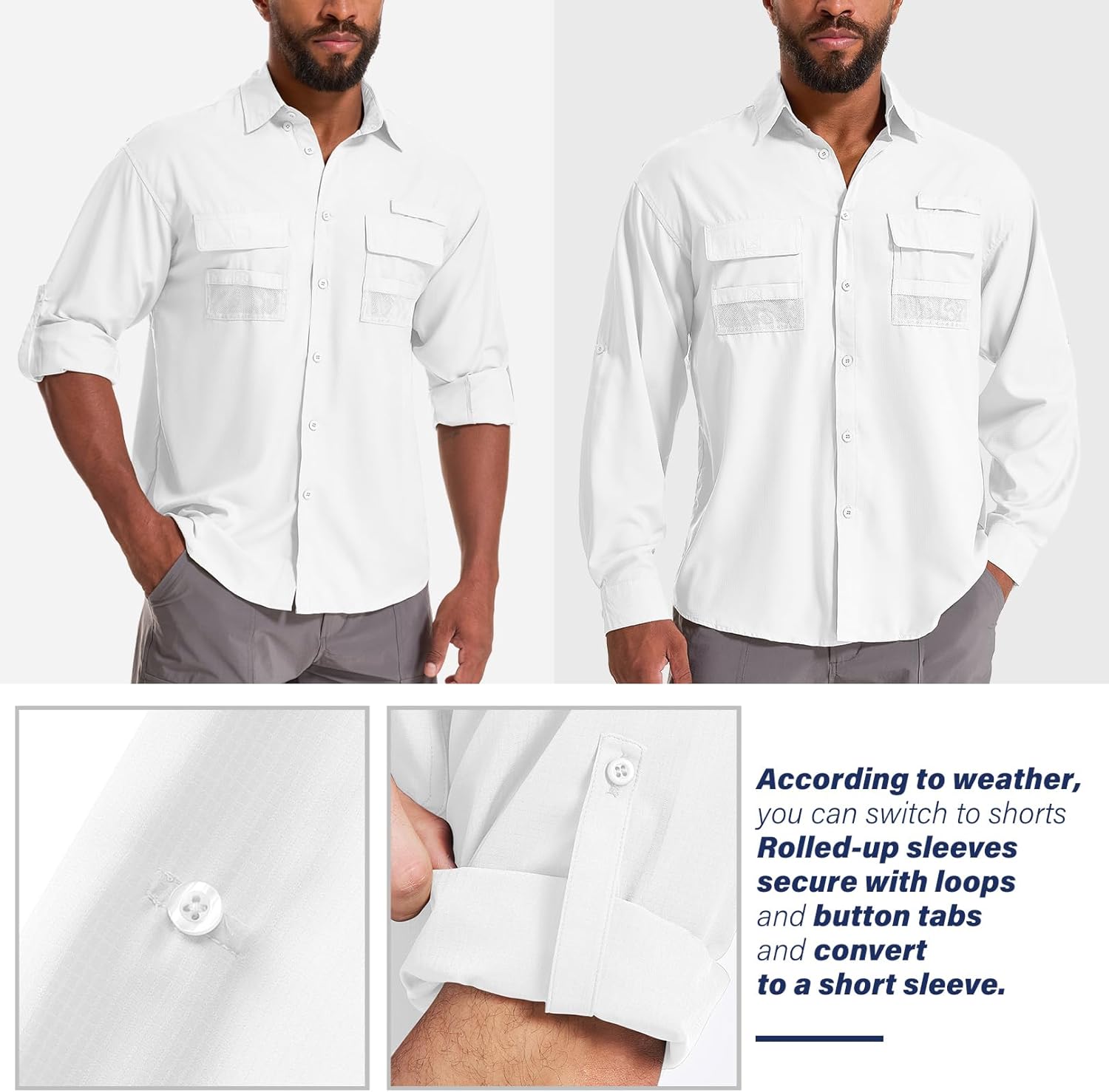 Men's UPF 50 Sun Protection Long Sleeve Fishing & Safari Shirts, Quick Dry - Picture 43 of 52