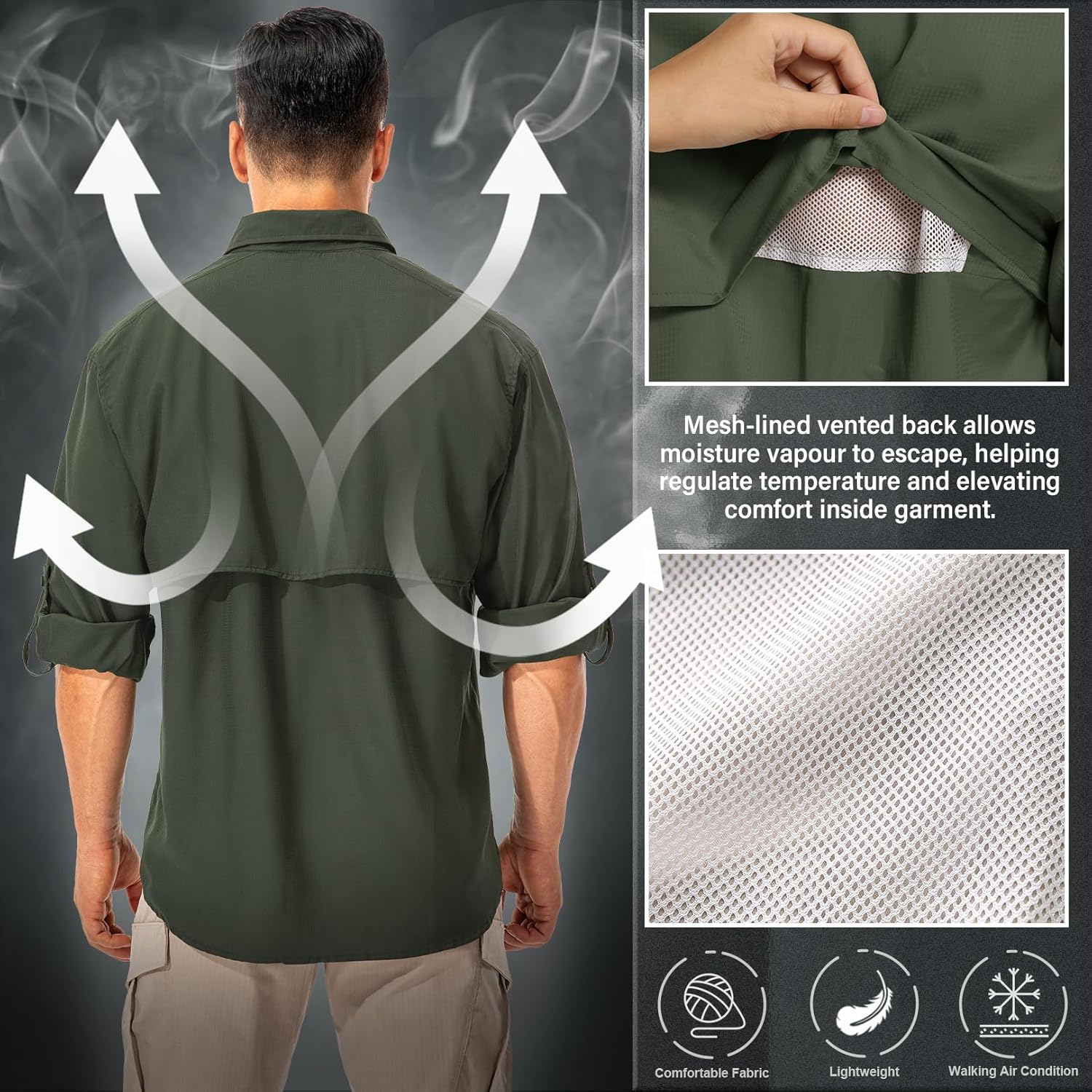 Men's UPF 50 Sun Protection Long Sleeve Fishing & Safari Shirts, Quick Dry - Picture 46 of 52