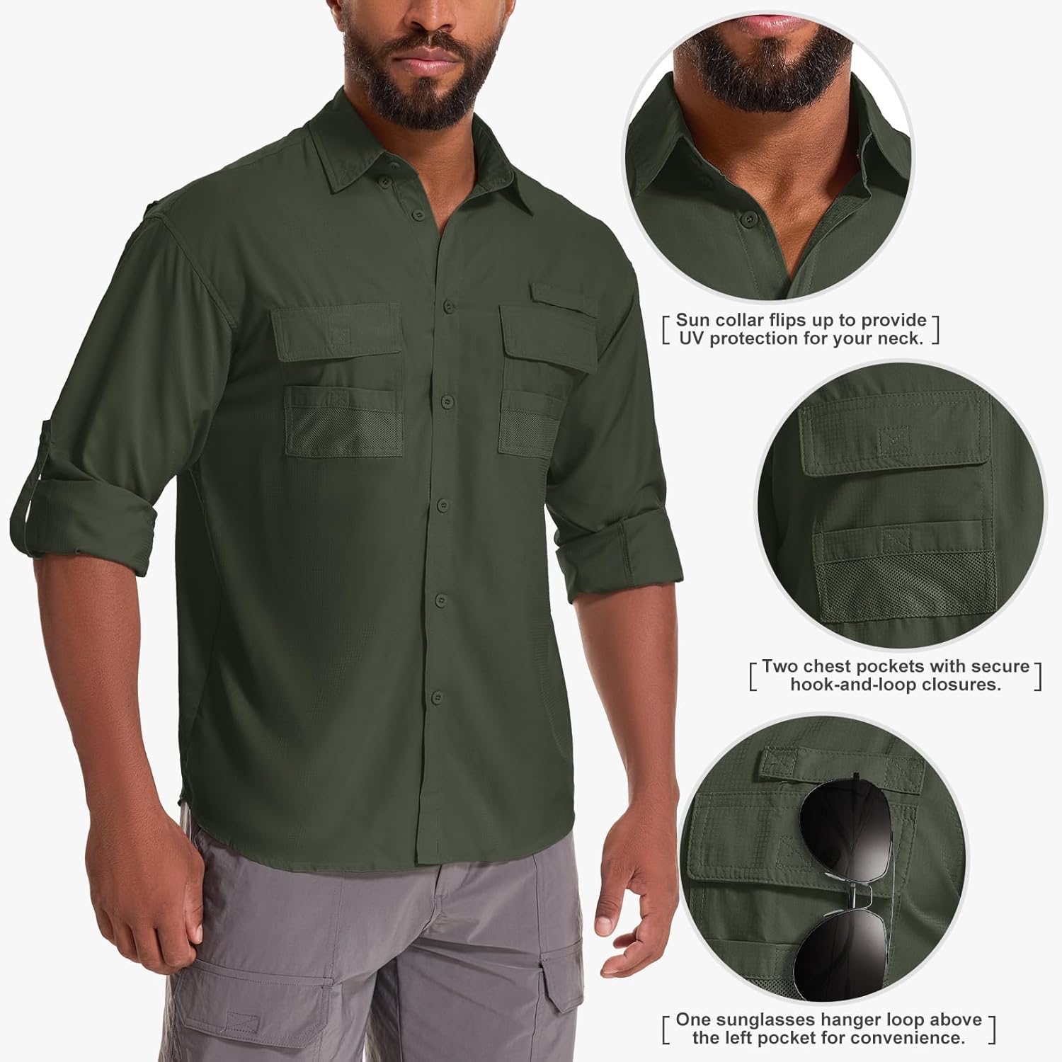 Men's UPF 50 Sun Protection Long Sleeve Fishing & Safari Shirts, Quick Dry - Picture 47 of 52