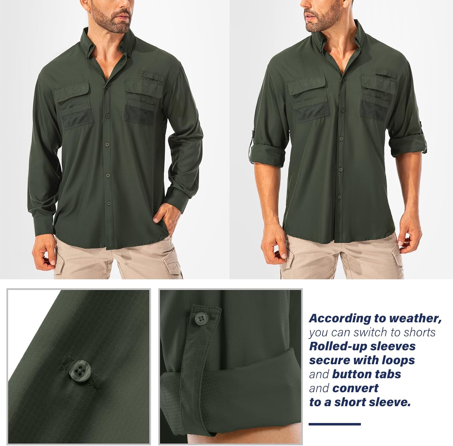 Men's UPF 50 Sun Protection Long Sleeve Fishing & Safari Shirts, Quick Dry - Picture 48 of 52