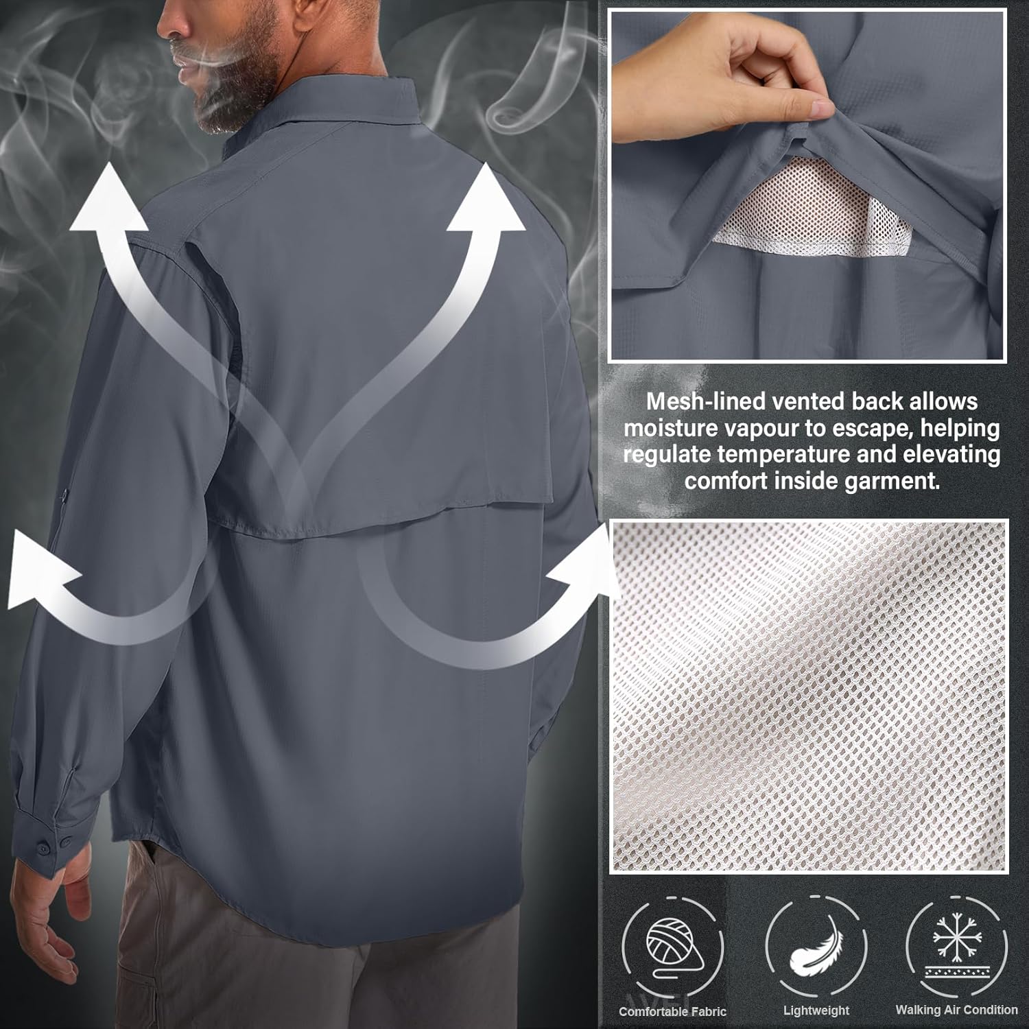 Men's UPF 50 Sun Protection Long Sleeve Fishing & Safari Shirts, Quick Dry - Picture 50 of 52