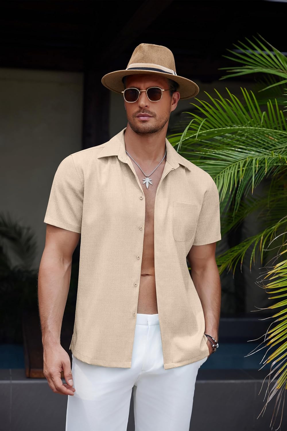 Men's Casual Linen Beach Shirt Button Down Summer Shirt Hawaiian Shirts - Afbeelding 32 van 65
