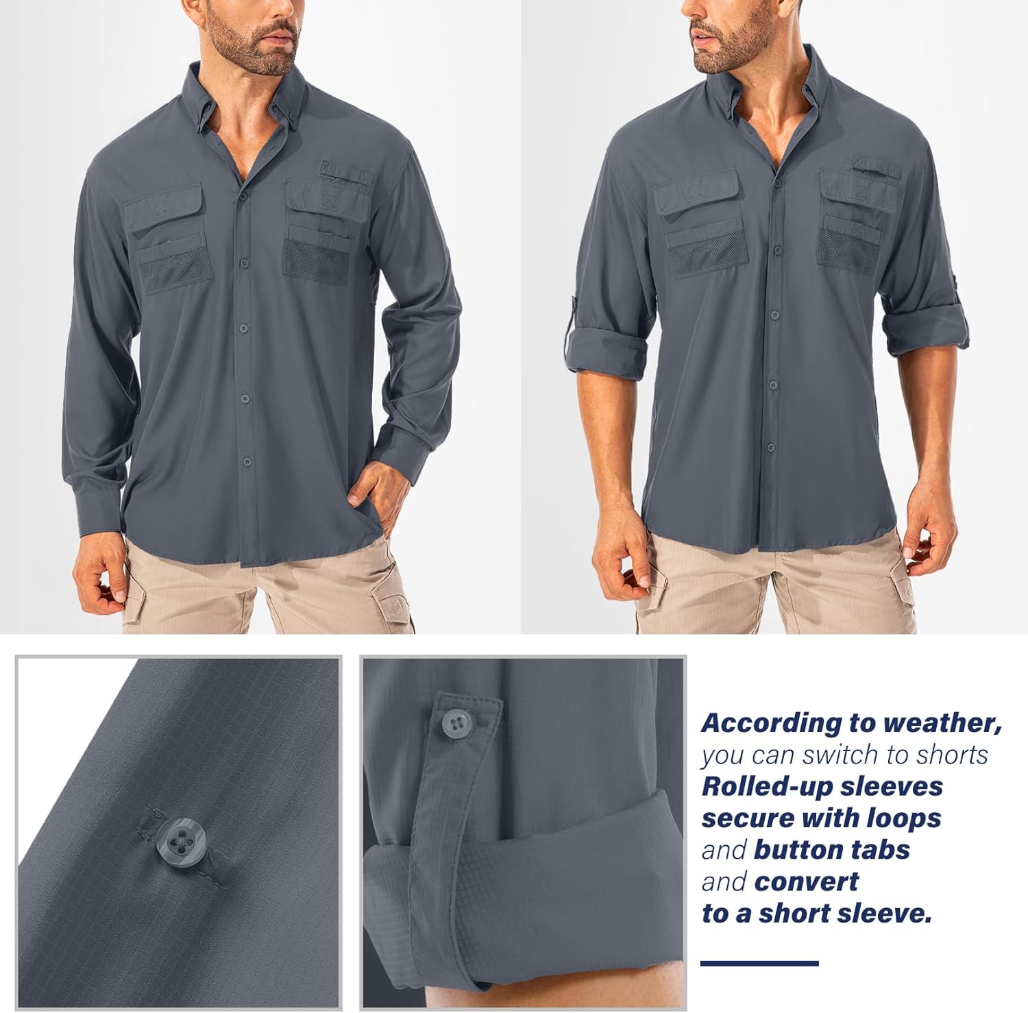 Men's UPF 50 Sun Protection Long Sleeve Fishing & Safari Shirts, Quick Dry - Picture 51 of 52
