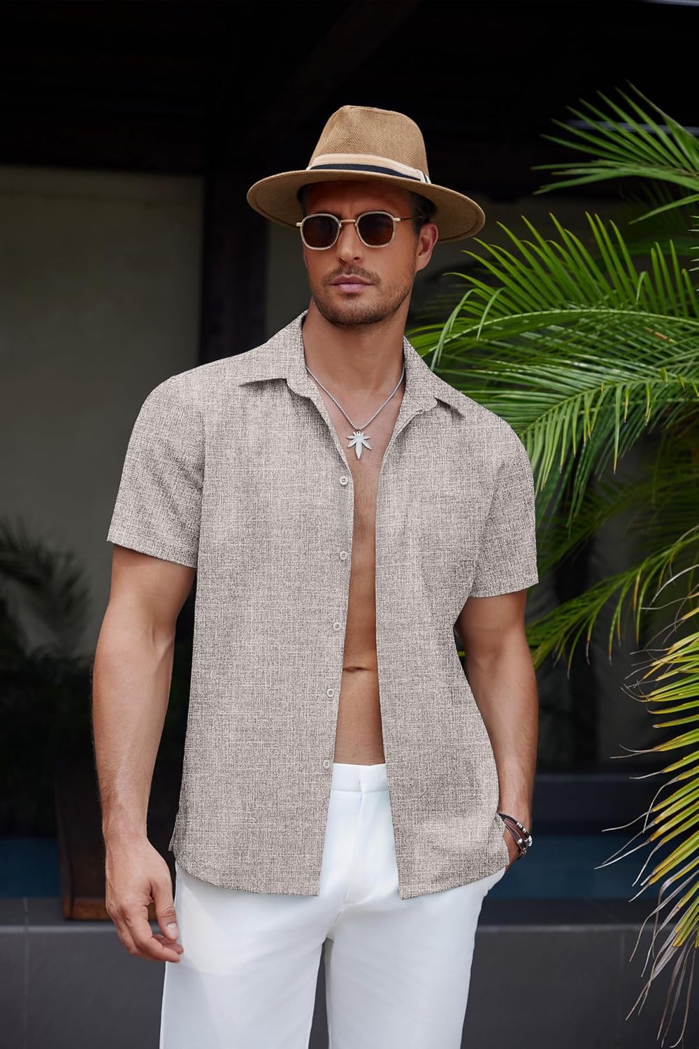 Men's Casual Linen Beach Shirt Button Down Summer Shirt Hawaiian Shirts - Afbeelding 38 van 65