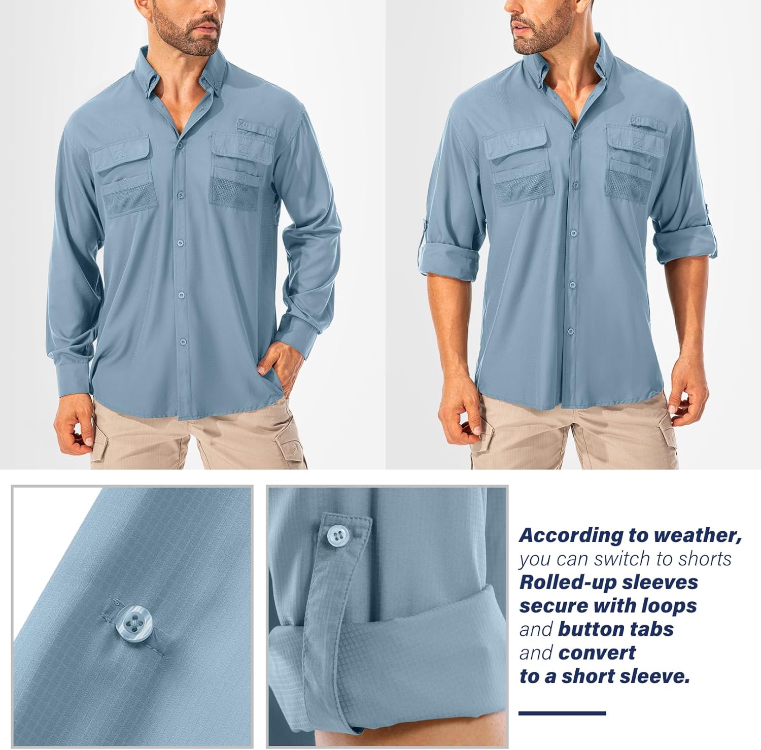 Men's UPF 50 Sun Protection Long Sleeve Fishing & Safari Shirts, Quick Dry - Picture 27 of 52