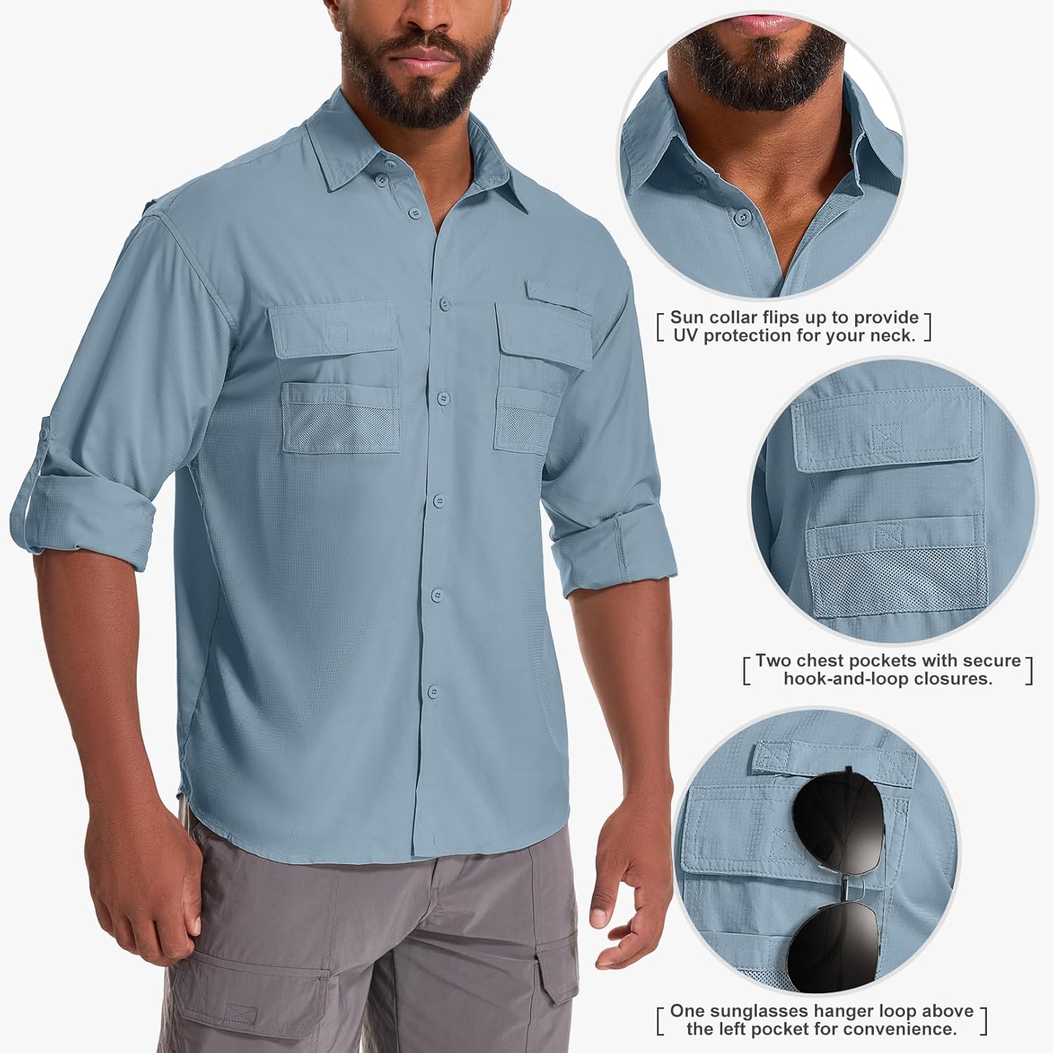 Men's UPF 50 Sun Protection Long Sleeve Fishing & Safari Shirts, Quick Dry - Picture 28 of 52