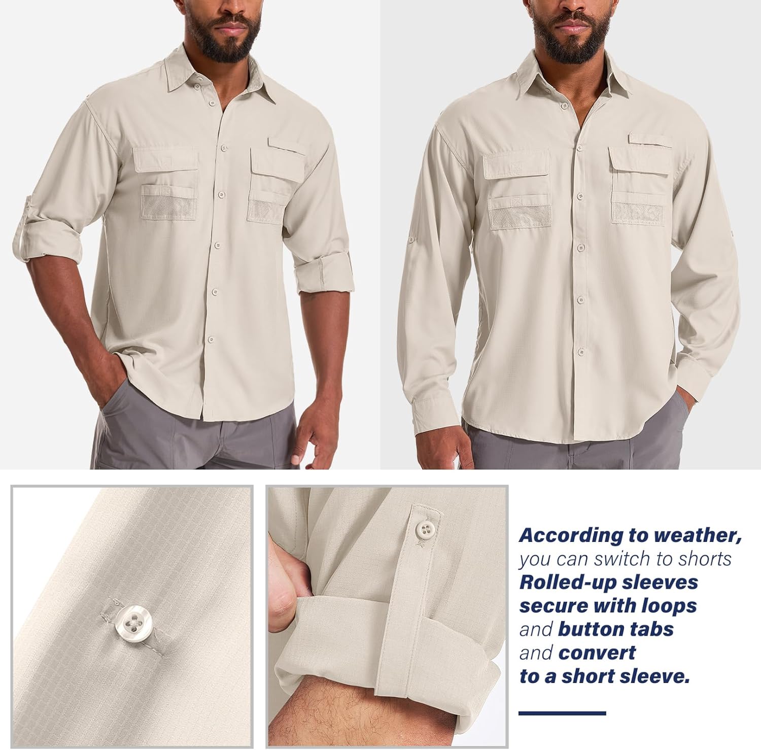 Men's UPF 50 Sun Protection Long Sleeve Fishing & Safari Shirts, Quick Dry - Picture 29 of 52