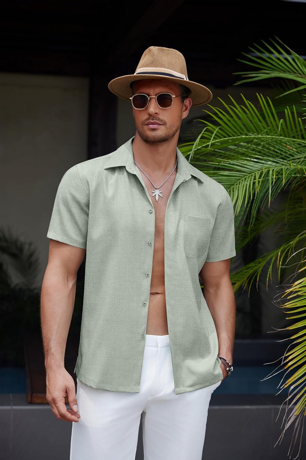 Men's Casual Linen Beach Shirt Button Down Summer Shirt Hawaiian Shirts - Afbeelding 50 van 65