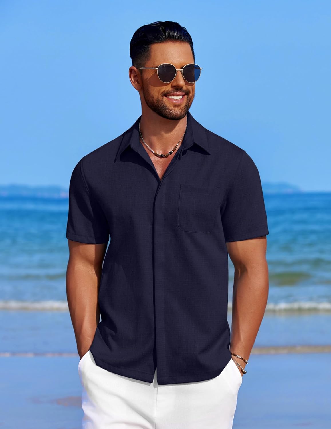 Men's Casual Linen Beach Shirt Button Down Summer Shirt Hawaiian Shirts - Afbeelding 55 van 65