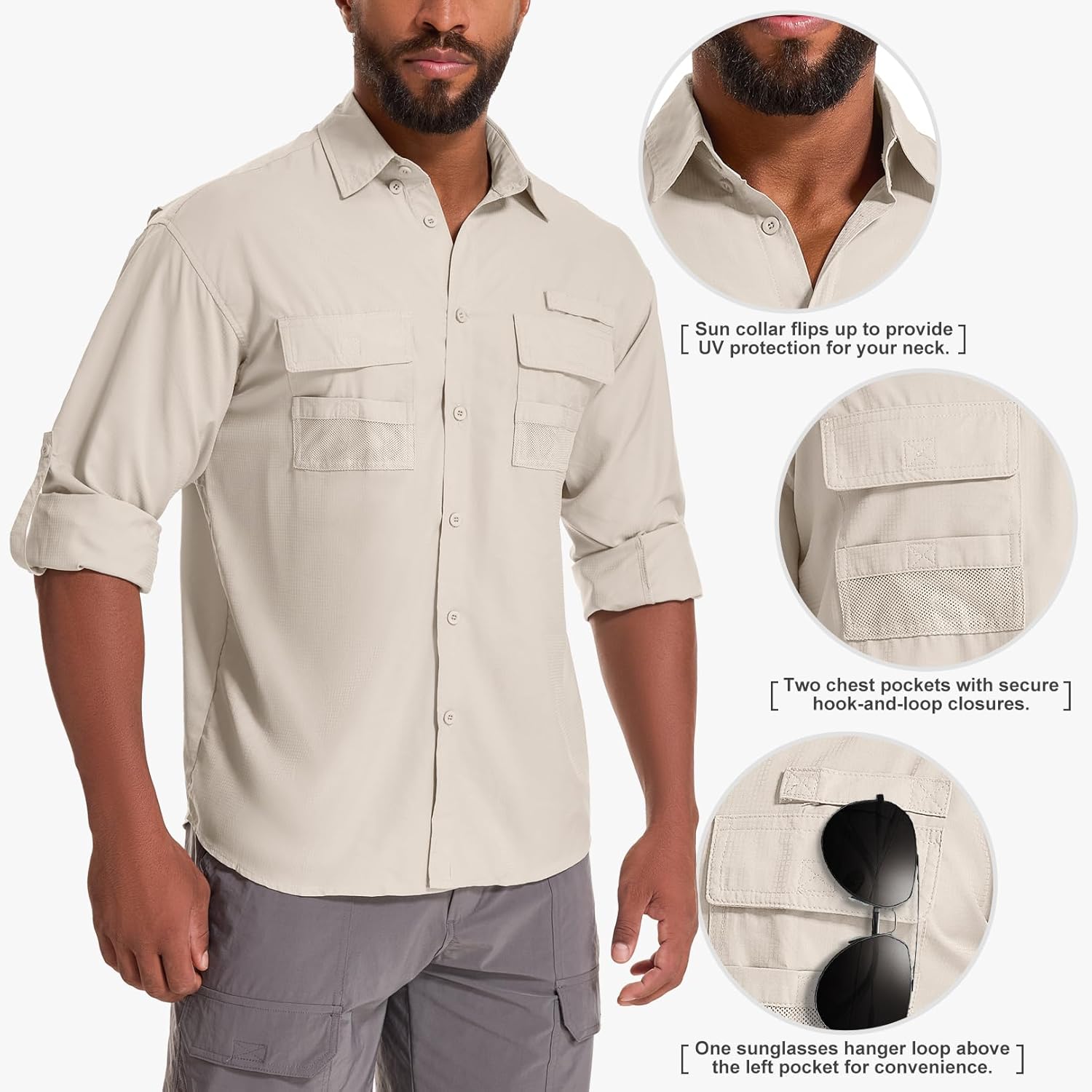 Men's UPF 50 Sun Protection Long Sleeve Fishing & Safari Shirts, Quick Dry - Picture 30 of 52