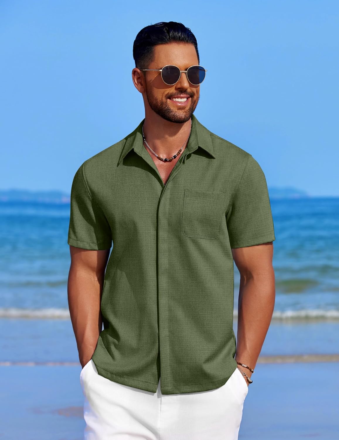 Men's Casual Linen Beach Shirt Button Down Summer Shirt Hawaiian Shirts - Afbeelding 61 van 65
