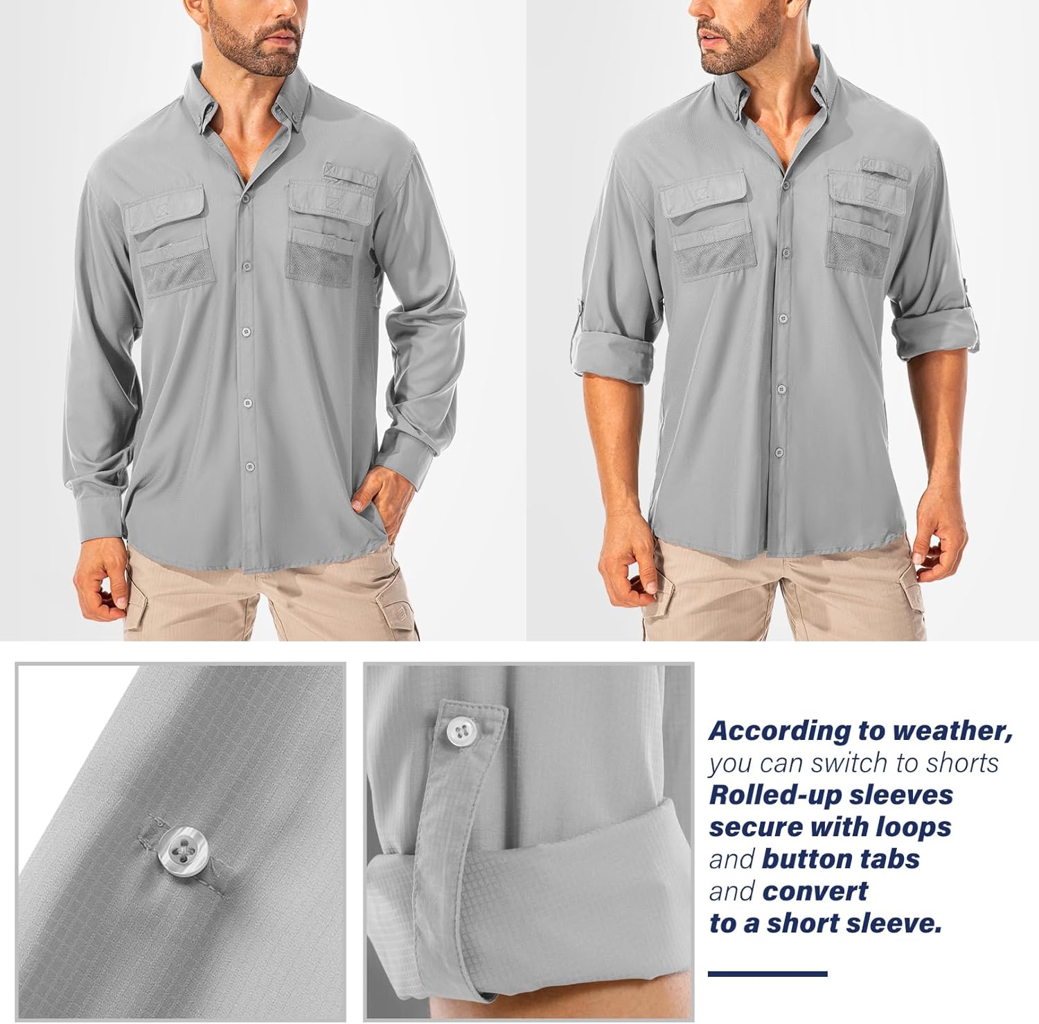 Men's UPF 50 Sun Protection Long Sleeve Fishing & Safari Shirts, Quick Dry - Picture 35 of 52