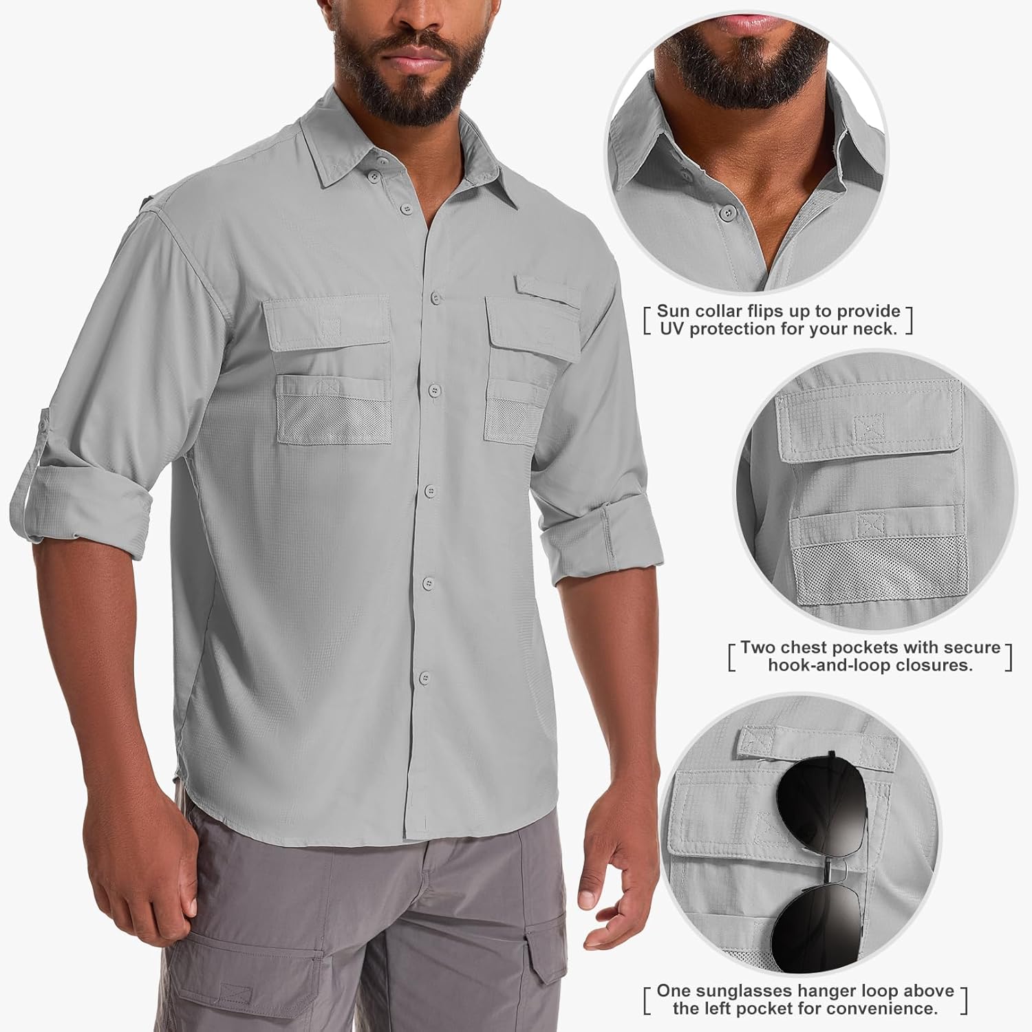 Men's UPF 50 Sun Protection Long Sleeve Fishing & Safari Shirts, Quick Dry - Picture 36 of 52