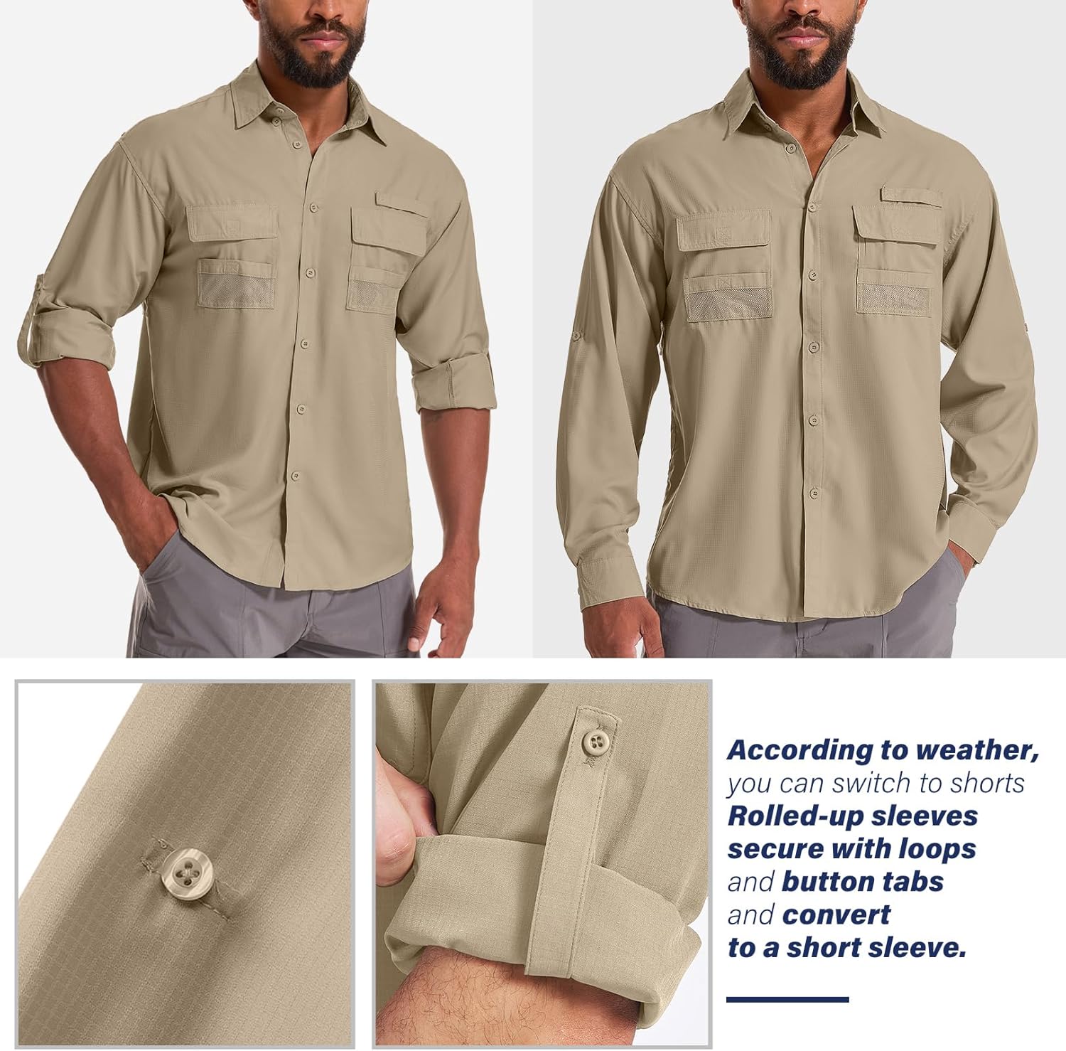 Men's UPF 50 Sun Protection Long Sleeve Fishing & Safari Shirts, Quick Dry - Picture 40 of 52