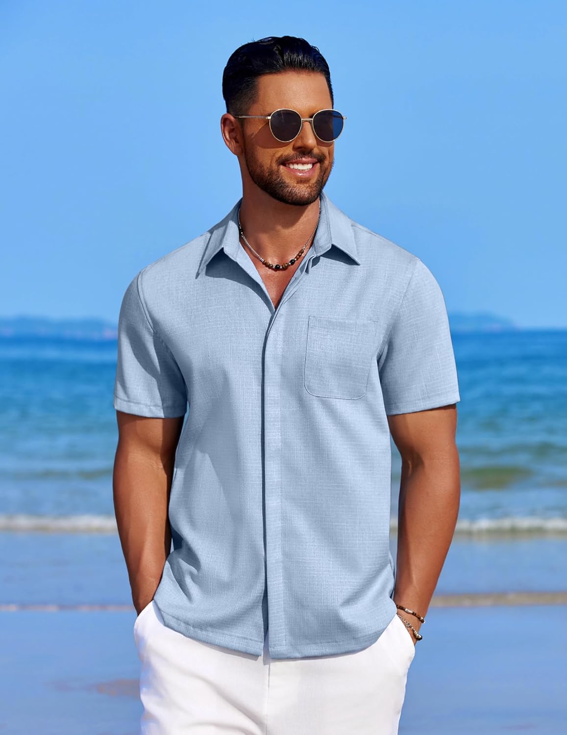 Men's Casual Linen Beach Shirt Button Down Summer Shirt Hawaiian Shirts - Afbeelding 25 van 65