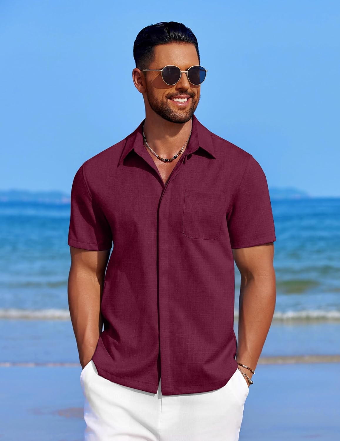 Men's Casual Linen Beach Shirt Button Down Summer Shirt Hawaiian Shirts - Afbeelding 28 van 65