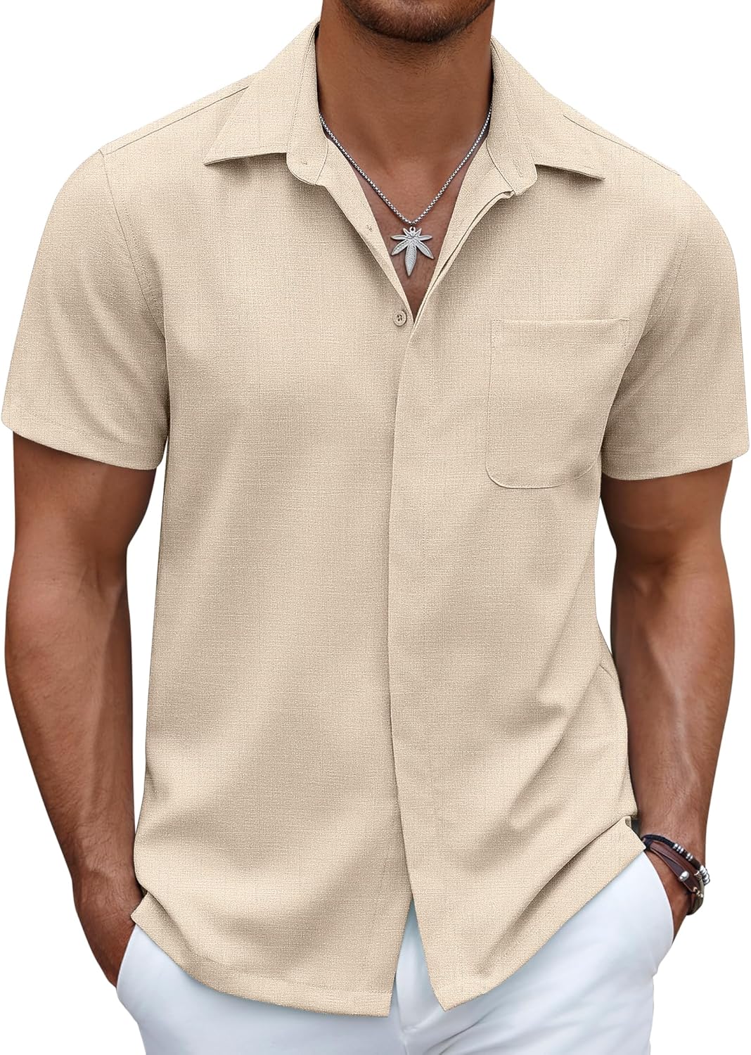 Men's Casual Linen Beach Shirt Button Down Summer Shirt Hawaiian Shirts - Afbeelding 30 van 65